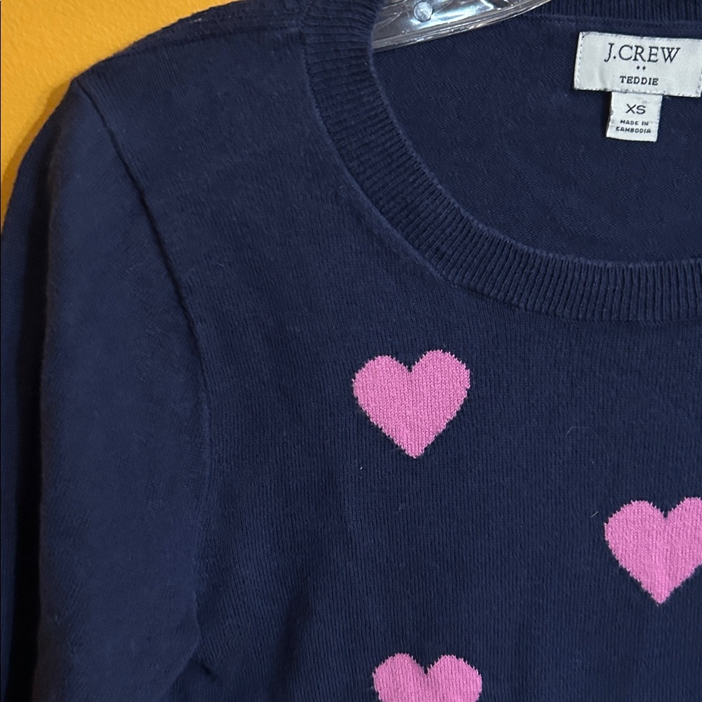 J. Crew Dark Blue Sweater with Pink Heart Design - Picture 2 of 6
